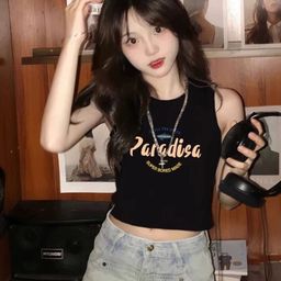KPOP Women Round Neck Sleeveless Typography Printed Crop Top-image-93