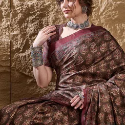 Mitera Ajrak Block Silk Blend Dabu Saree image 4