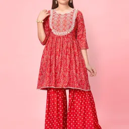 Sangria Girls Floral Embroidered Sequinned Cotton A-line Kurta with Sharara-picture-48