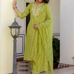 SKYLEE Women Ethnic Motifs Embroidered Regular Kurta with Trousers & With Dupatta-picture-12