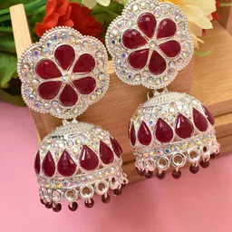 MEIRA JEWELLERY Silver Plated Artificial Stones Studded & Beaded Dome Shaped Jhumkas-picture-21