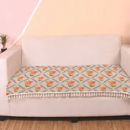 STITCHNEST Orange & Beige Floral Printed Velvet 3 Seater Anti Slip Sofa Cover-image-22