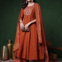 Sangria Women Ethnic Motifs Printed Pure Cotton Anarkali Kurta with Palazzo & Dupatta-picture-9