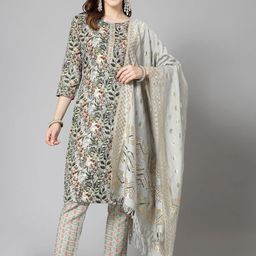 Stylum Green Floral Printed Round Neck Straight Kurta With Trousers & Dupatta-picture-27