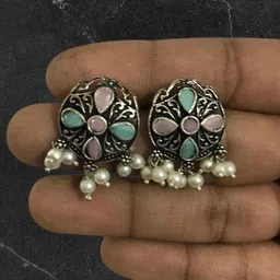 OPUS GEMS Artificial Stones Studded And Beaded Circular Shaped Oxidised Drop Earrings-picture-40