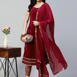 KALINI Ethnic Motifs Embroidered Velvet Straight Kurta With Trousers & Dupatta-picture-49