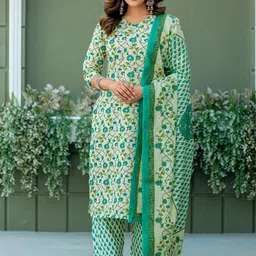 ARADHNA Women Ethnic Motifs Printed Regular Cotton Kurta with Trousers & Dupatta-picture-38