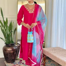 Navlik Floral Yoke Design V-Neck Sequinned Straight Kurta With Trousers & Dupatta-picture-58