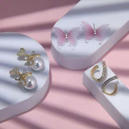 Estailo fashion Set Of 3 Stainless Steel Gold-Plated Stones & Pearls Heart Drop Earrings-image-10