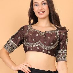 Trendzmy Embroidered Silk Sweetheart Neck Elbow Sleeve Saree Blouse-image-6