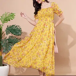 ANVI Be Yourself Floral Printed Puff Sleeve Georgette Fit & Flare Midi Dress-image-23