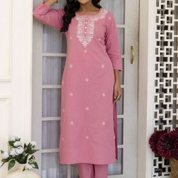 mokshi Paisley Thread Work Pure Cotton Straight Kurta with Trousers-image-94