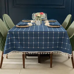 URBAN SPACE Blue & White Printed Embroidered Anti-Slip Cotton 6-Seater Table Cover-24