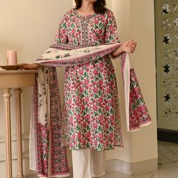 DIVASTRI Floral Printed Beads And Stones Straight Kurta With Trousers & Dupatta-image-9