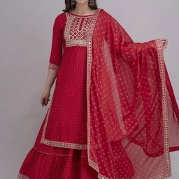 SHOOLIN Bandhani Printed Mirror Work Pure Cotton Kurta with Sharara & Dupatta-picture-3
