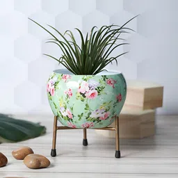 Homspurts Green & Pink Printed Resilient Metal Planter With Stand-14