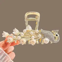 Blubby Peacock Shaped Pearl Studded Claw Clip-51