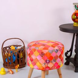 Shadowkart Orange & Pink Printed Wooden Pouffes Ottoman-image-36