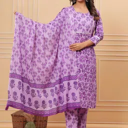 MEERA FAB Women Floral Printed Mirror Work Pure Cotton Kurta with Trousers & Dupatta-15
