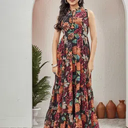CHANSI Women Floral Printed Tie-Up Neck Fit & Flare Maxi Dress-picture-34