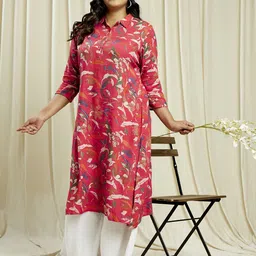 Globus Gloplus Shirt Collar Floral Print Button Down Straight Plus Size Kurta-picture-1