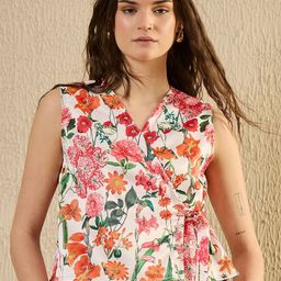 SANSKRUTIHOMES Women White Color Floral Printed V-Neck Wrap Top-25