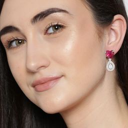 PRIVIU Silver-Plated American Diamond Studded Heart Shaped Drop Earrings-image-100