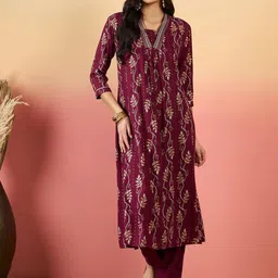 KALINI Floral Printed V neck Thread Work A-Line Kurta With Palazzos-12