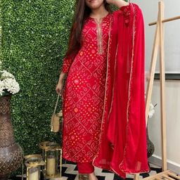 hirangana Bandhani Printed Gotta Patti Notch Neck Straight Kurta With Trousers & Dupatta-image-93