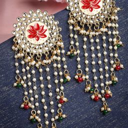 Sangria Gold-Plated Kundan Studded & Beaded Tasselled Floral Drop Earrings-15