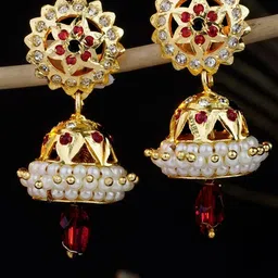 Subham Jewellers Gold-Plated Cubic Zirconia Studded & Beaded Dome Shaped Jhumkas-15