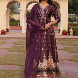 KALINI Foil Printed Satin Semi-Stitched Dress Material-image-1
