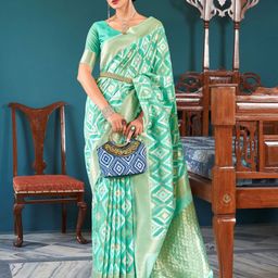SWORNOF Geometric Woven Design Zari Pure Linen Banarasi Saree-15