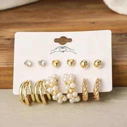 GOLDIWALA Set Of 6 Gold Plated Pearls Beaded Contemporary Half Hoop Earrings-picture-6