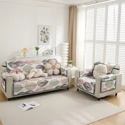 HOKIPO White & Green Printed Polyester 1 Seater Sofa Mat with Pockets-image-34