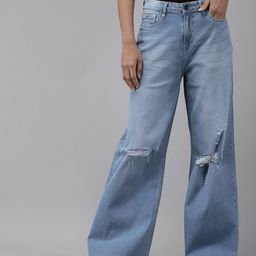 The Roadster Lifestyle Co Women Blue Wide Leg High-Rise Slash Knee Light Fade Stretchable Jeans-picture-27