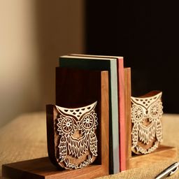 ExclusiveLane Brown Hand-Engraved Owl Wooden Book Ends Organisers-57