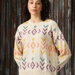 High Star Women Abstract Pattern Round Neck Boxy Fit Pullover-picture-11