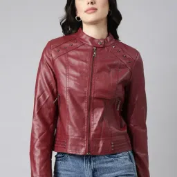 SHOWOFF Maroon Regular Fit Biker Jacket-picture-39