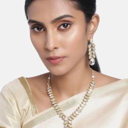 Peora Gold-Plated Crystal Studded Necklace & Dangle Earrings Set Jewellery-24