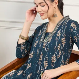 KALINI Floral Printed Regular Thread Work A-Line Kurta With Trousers image 2