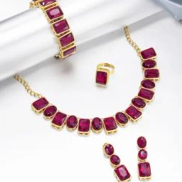 Peora Gold-Plated Rani Pink Crystal Necklace with Drop Earrings Bracelet Finger Ring Jewellery Set-image-90