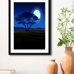 999Store Navy Blue & Brown MDF Moon Light with Tree Printed Paper Wall Painting - Set of 1-15