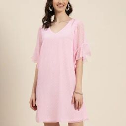 Qurvii Pink Self Design Shift Dress-image-11