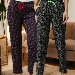 Kryptic Black & Navy Cotton Relaxed Fit Printed Lounge Pants - Pack of 2-image-83