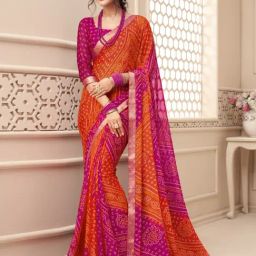 Satrani Pink & Orange Bandhani Print Chiffon Saree With Unstitched Blouse-image-76