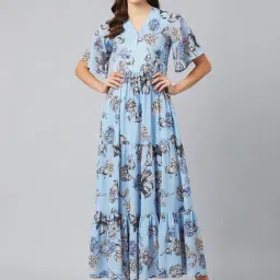 Carlton London Blue Floral Print Maxi Dress-image-3