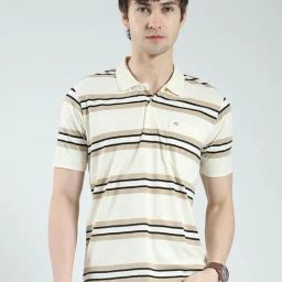 Monte Carlo Beige Regular Fit Striped T-Shirt-image-27