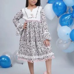 Little Bansi Girls White Regular Fit Printed Dress-image-26