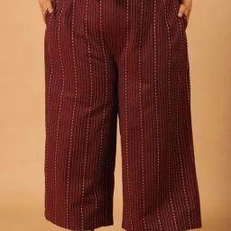 Moms Maternity Maroon Striped Regular Fit Mid Rise Plus Size Trousers-35